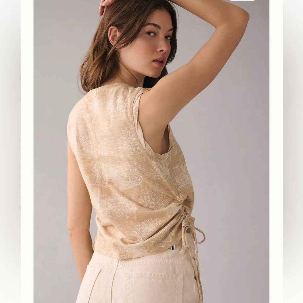 Anthropologie Pilcro Motif Cream Side Ruched Drawstring Sleeveless Top Sz Small